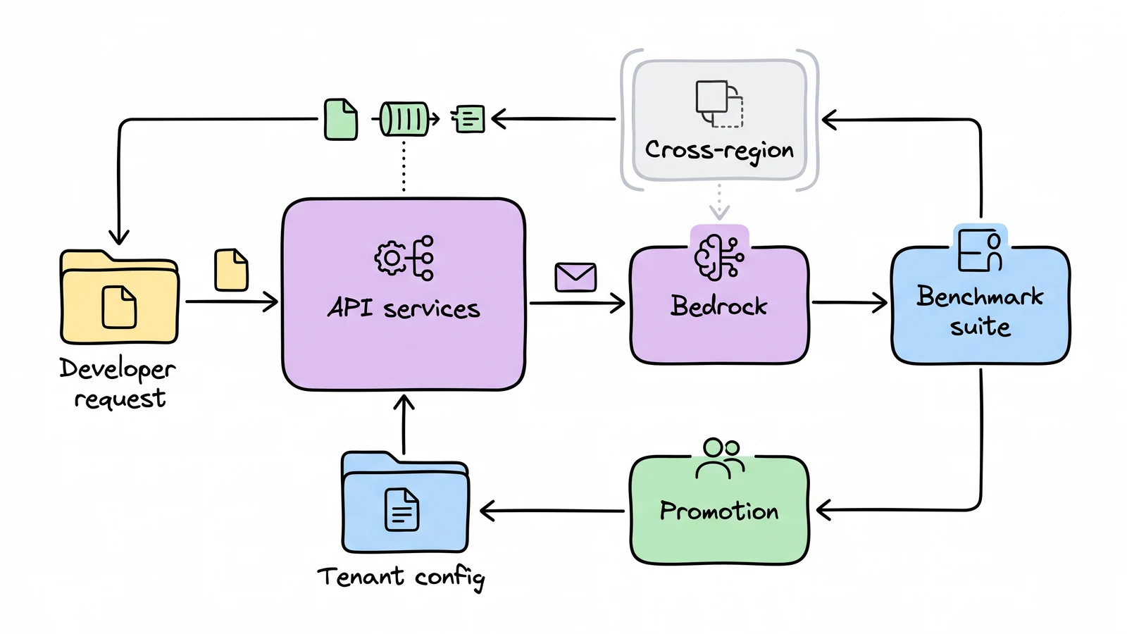 A whiteboard production architecture showing tenant configuration, private model invocation, cross-region inference, and a continuous benchmark-and-promotion loop.