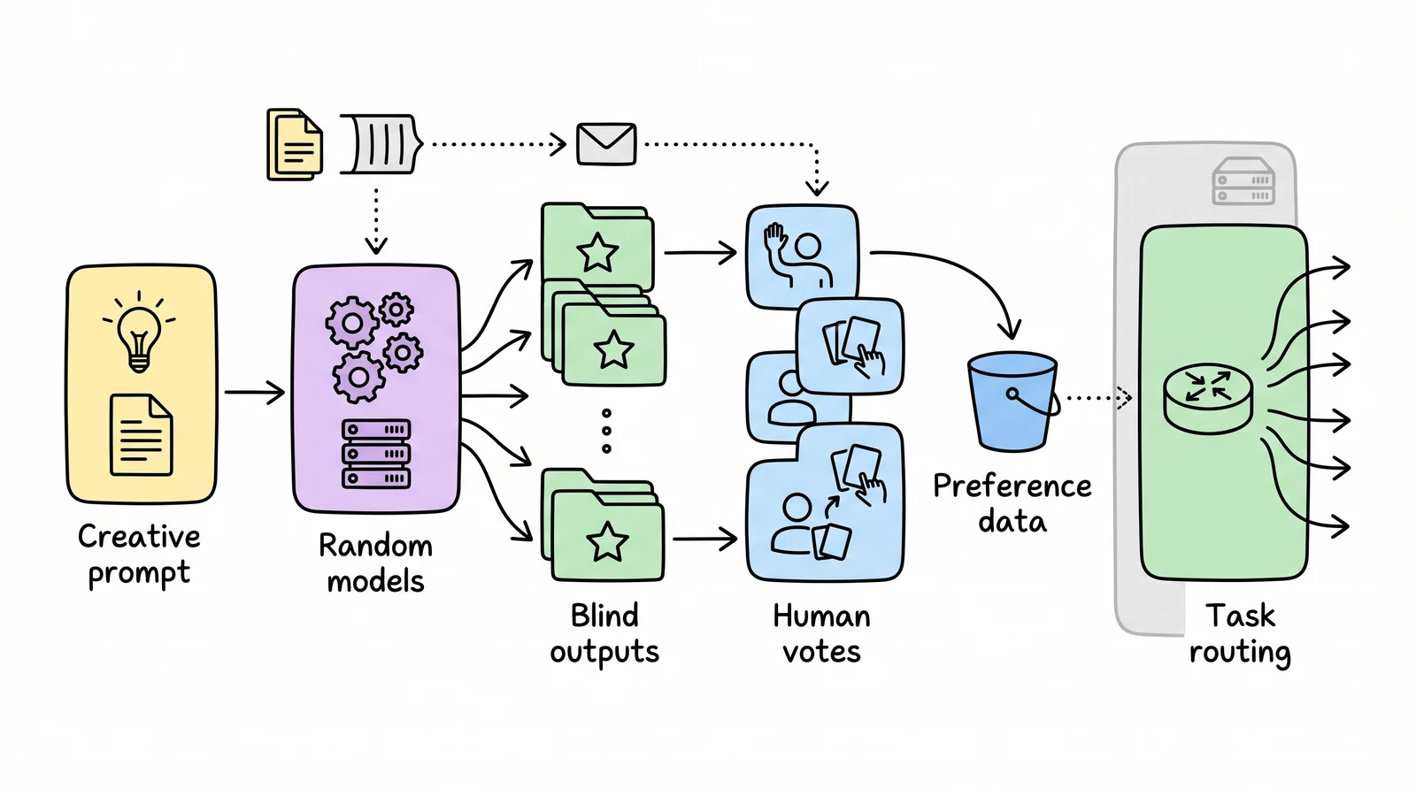 A whiteboard flow showing creative prompts sent to random models, blind human preference votes, and the resulting data feeding task-specific model routing.