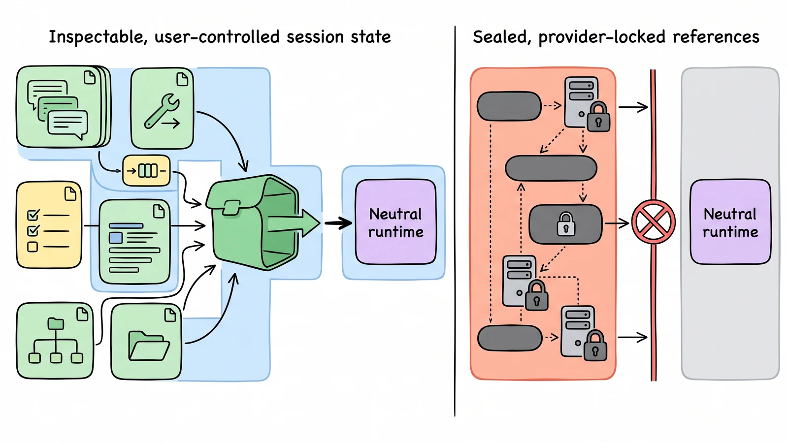 A New Runtime whiteboard portability test moving a complete agent-session package between two runtimes and validating replay and deletion.