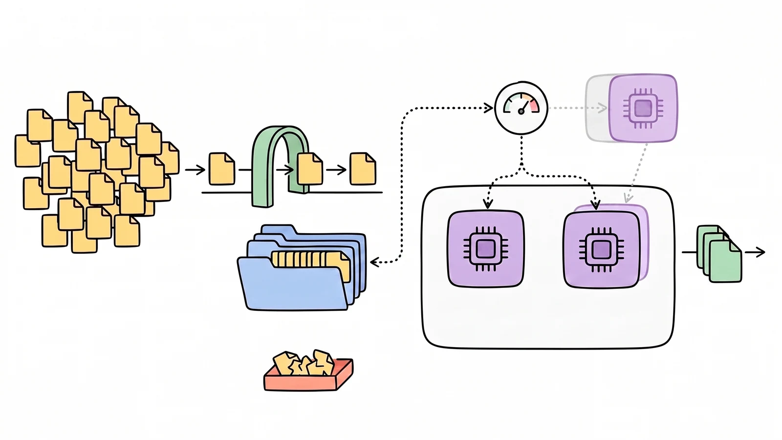 A burst of requests passes through a concurrency gate into a bounded queue while healthy model replicas process admitted work and a controller adds capacity.