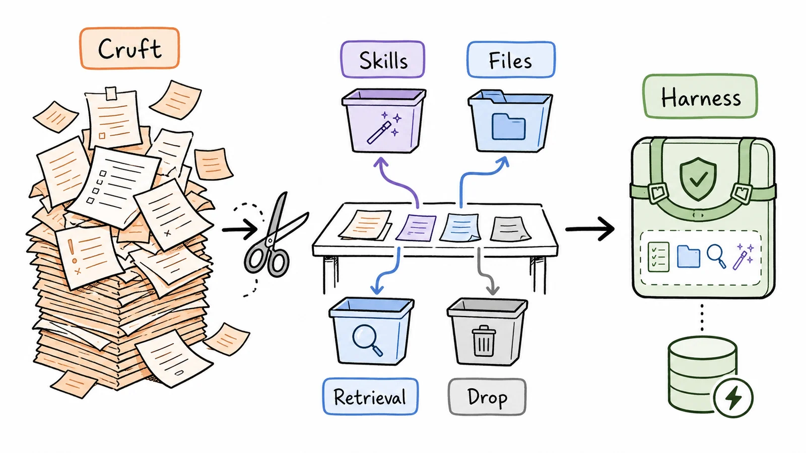 Hand-drawn cleanup flow routing prompt cruft into skills, files, retrieval, dropped rules, and a compact harness.