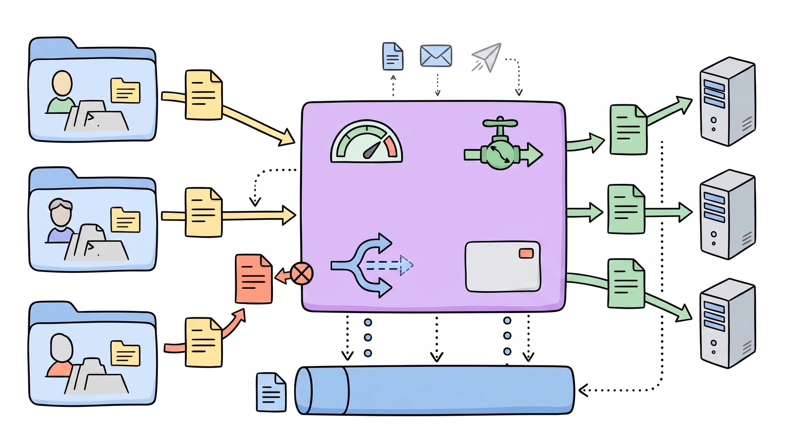 Hand-drawn systems diagram where production agents send model calls through a central gateway with spend limits, rate limits, fallback paths, redaction, and trace events.