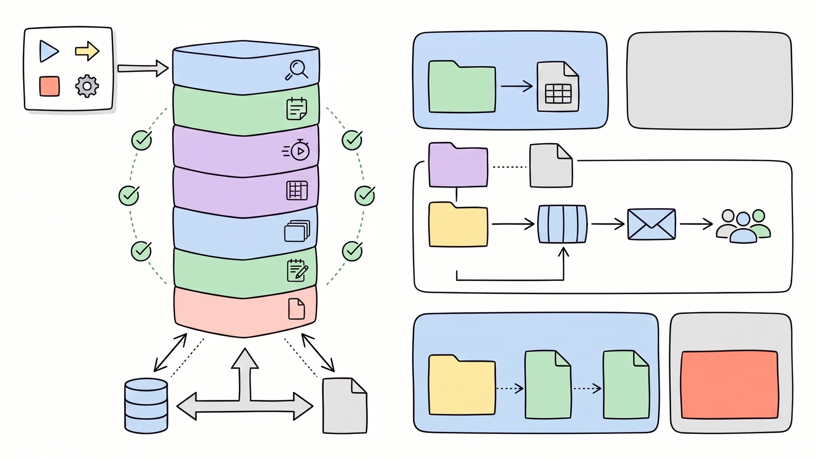 Hand-drawn database stack below a tiny public connection surface, surrounded by test checks and linked to a database file through a compatibility bridge.