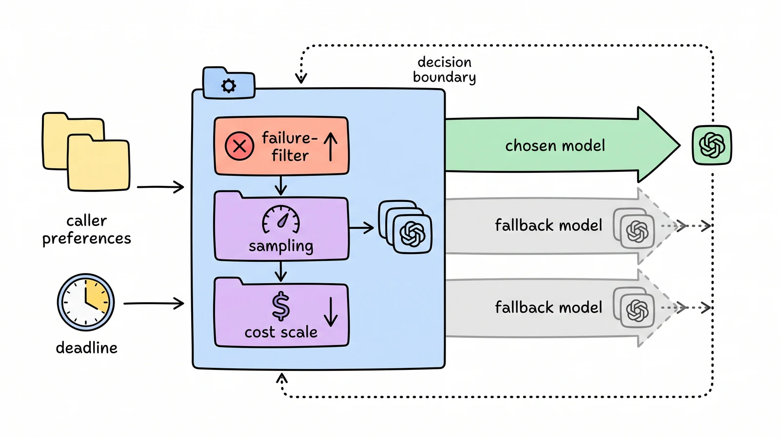 Hand-drawn gateway flow where caller preferences enter a failure filter and latency sampler, then produce a cost-aware ordered route with fallbacks.