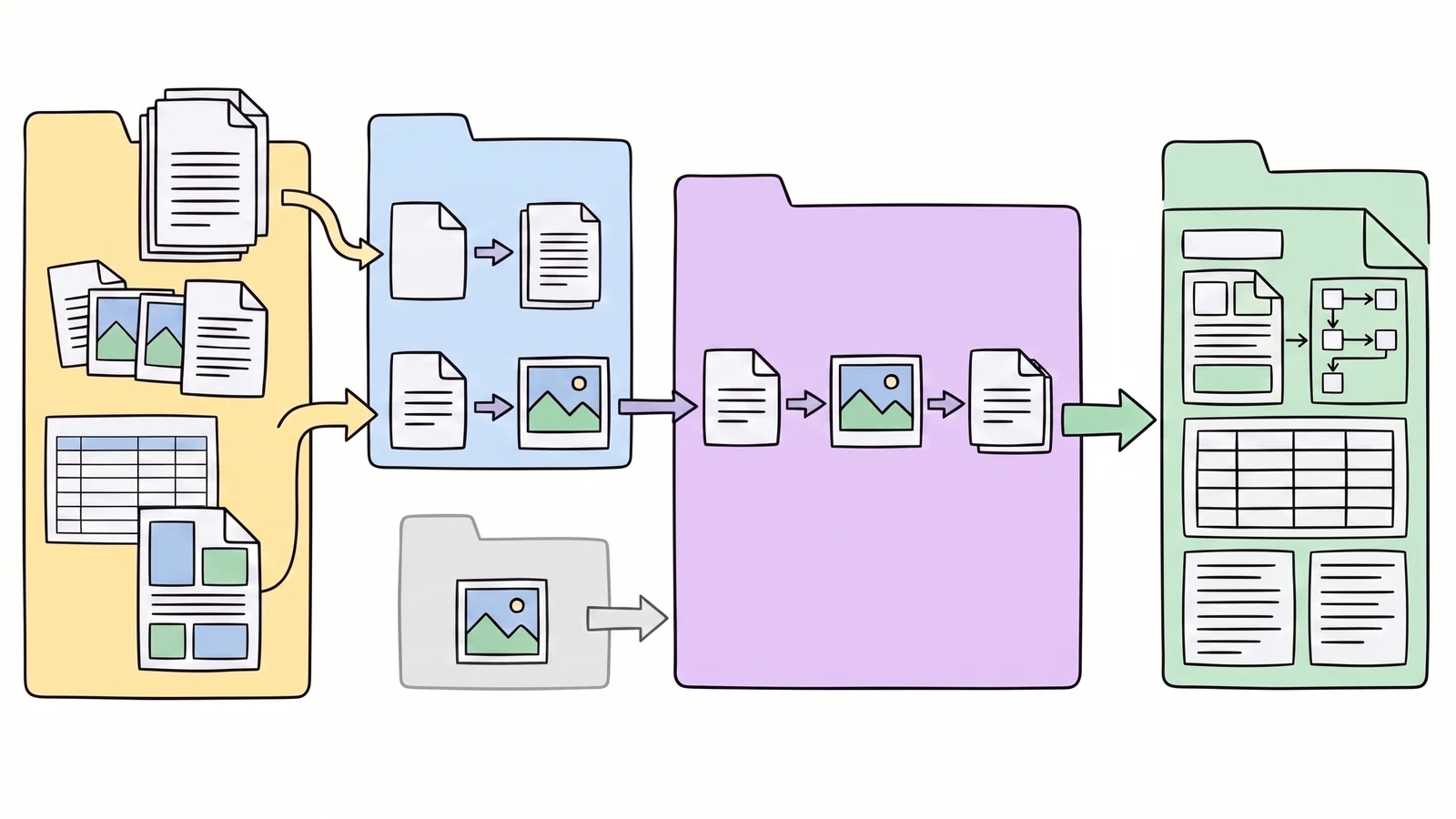 Hand-drawn multi-page document stream passing through one long-horizon parsing runtime into a coherent structured document with preserved order and tables.
